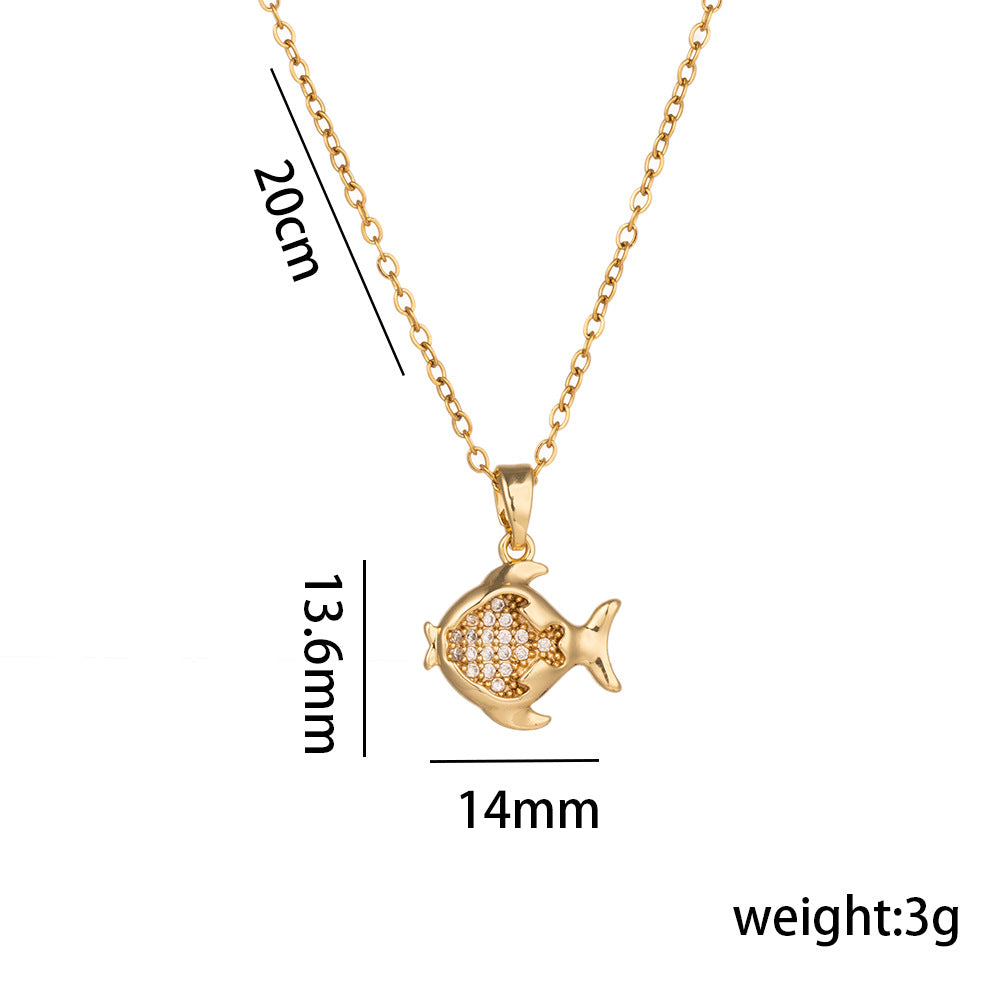 Collana Pendente a Forma di Piccolo Pesce Geometrico Minimalista da Donna in Acciaio al Titanio con Finitura Oro Fluorescente Galvanizzato e Catena Snake