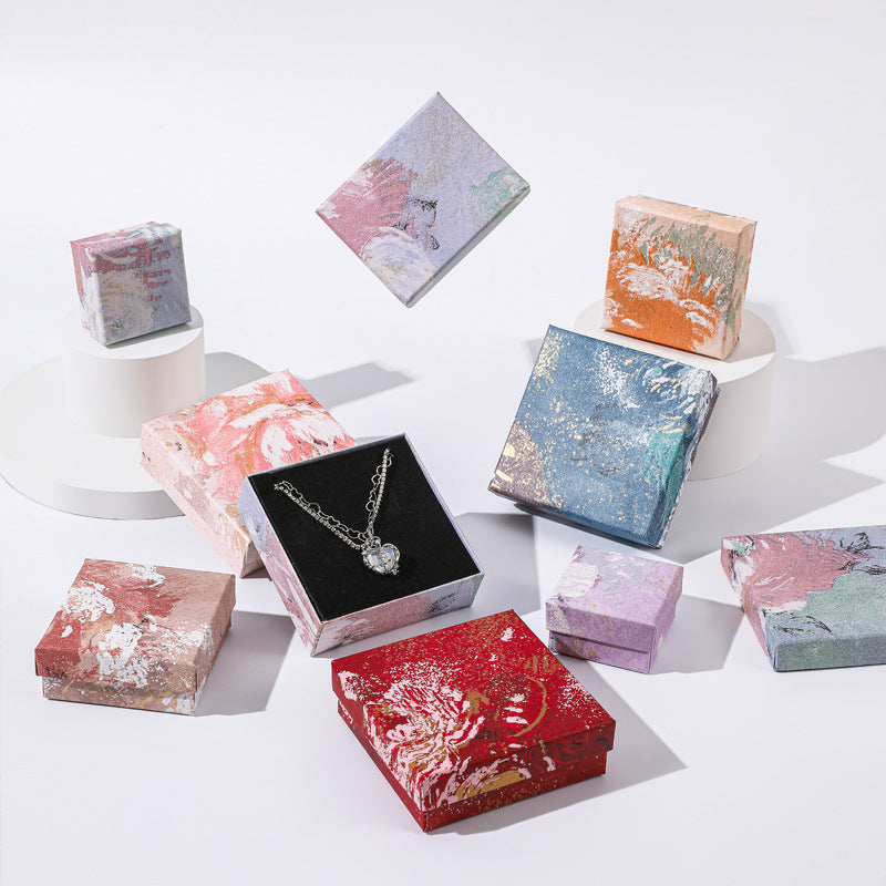 Caja de embalaje de joyería de papel con patrón floral para collares, pendientes, anillos, pulseras con opción de asa en varios tamaños y colores