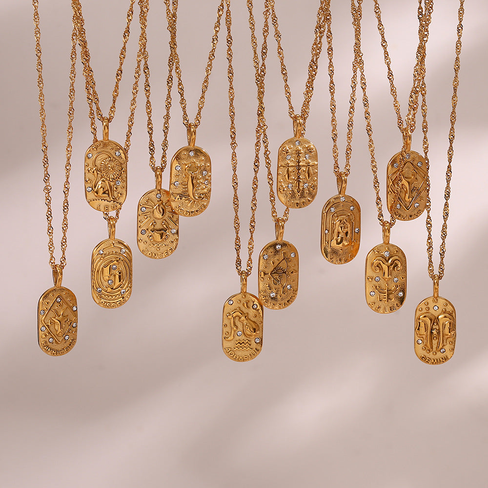 Collana con Pendente Zodiacale Retrò Minimalista in Acciaio Inossidabile con Intarsio di Strass da Donna