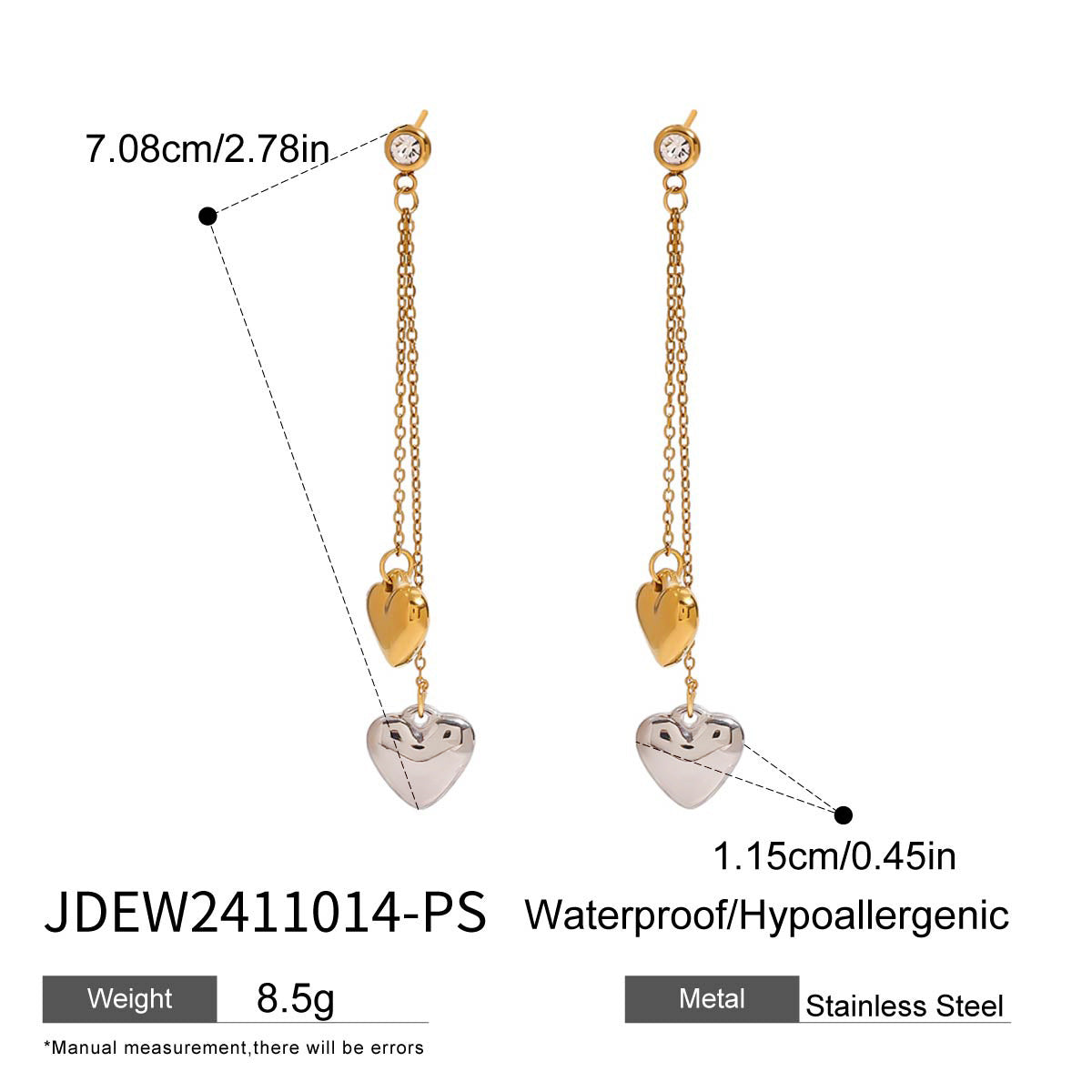 Aretes colgantes elegantes de acero inoxidable con forma de corazón y acabado chapado para mujer