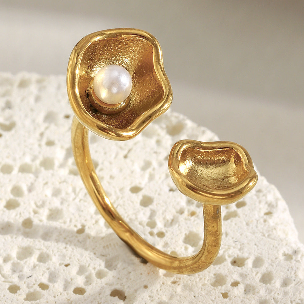Anillo Abierto Geométrico Minimalista de Acero Inoxidable con Baño de Oro de 18K y Perlas para Mujer