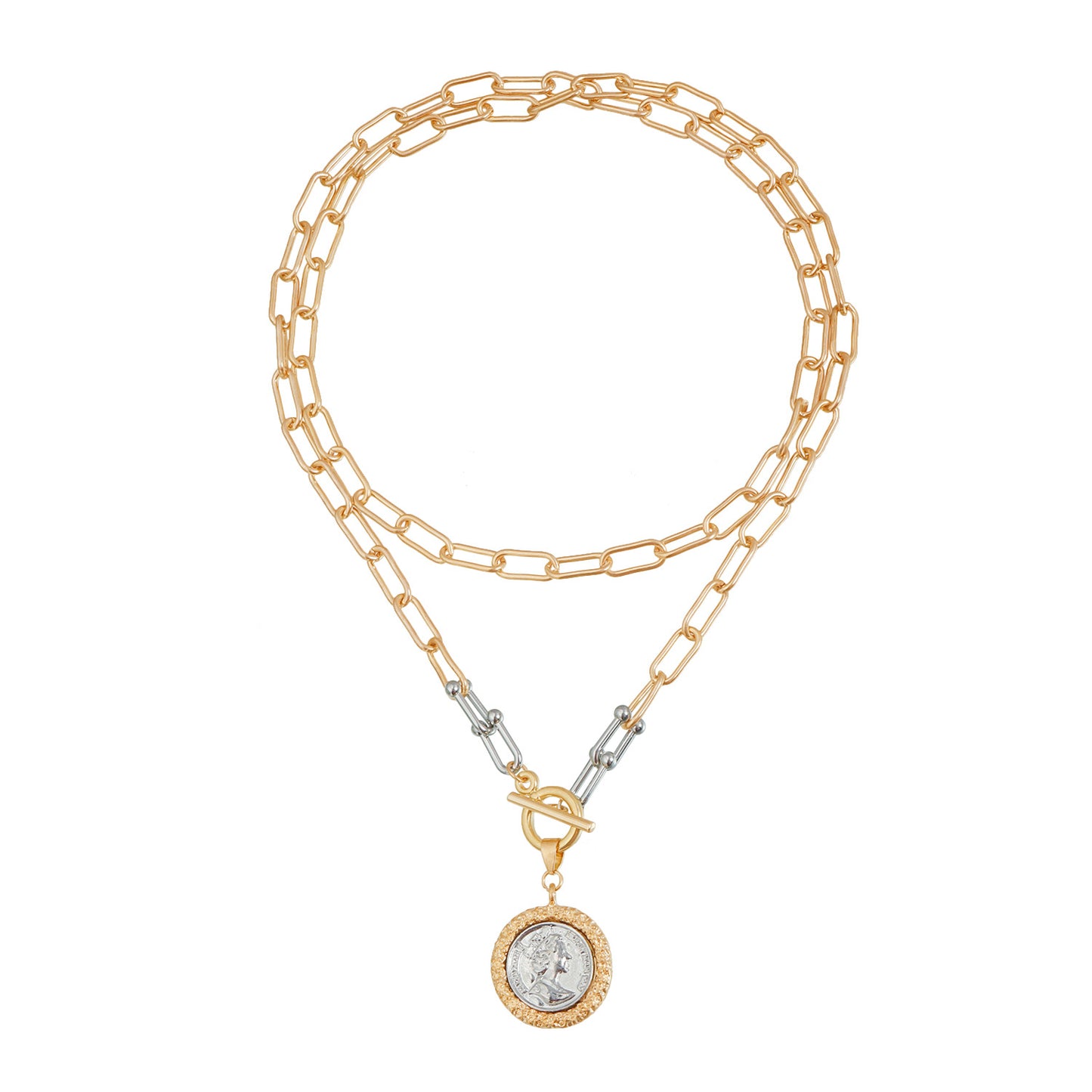 Collar con colgante de moneda de retrato repujado de estilo vintage en aleación con baño de oro para mujer