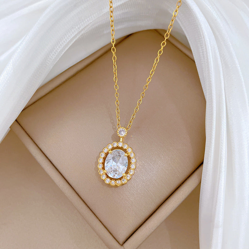 Sweet Minimalist Oval Geometric Cubic Zirconia Titanium Steel Necklace for Unisex
