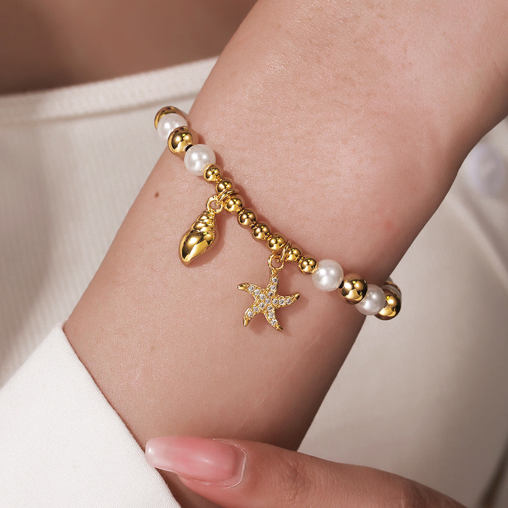 Cherry Heart Cross Fruit Shape Brass Bracelet with Cubic Zirconia and Pearl Inlay for Unisex