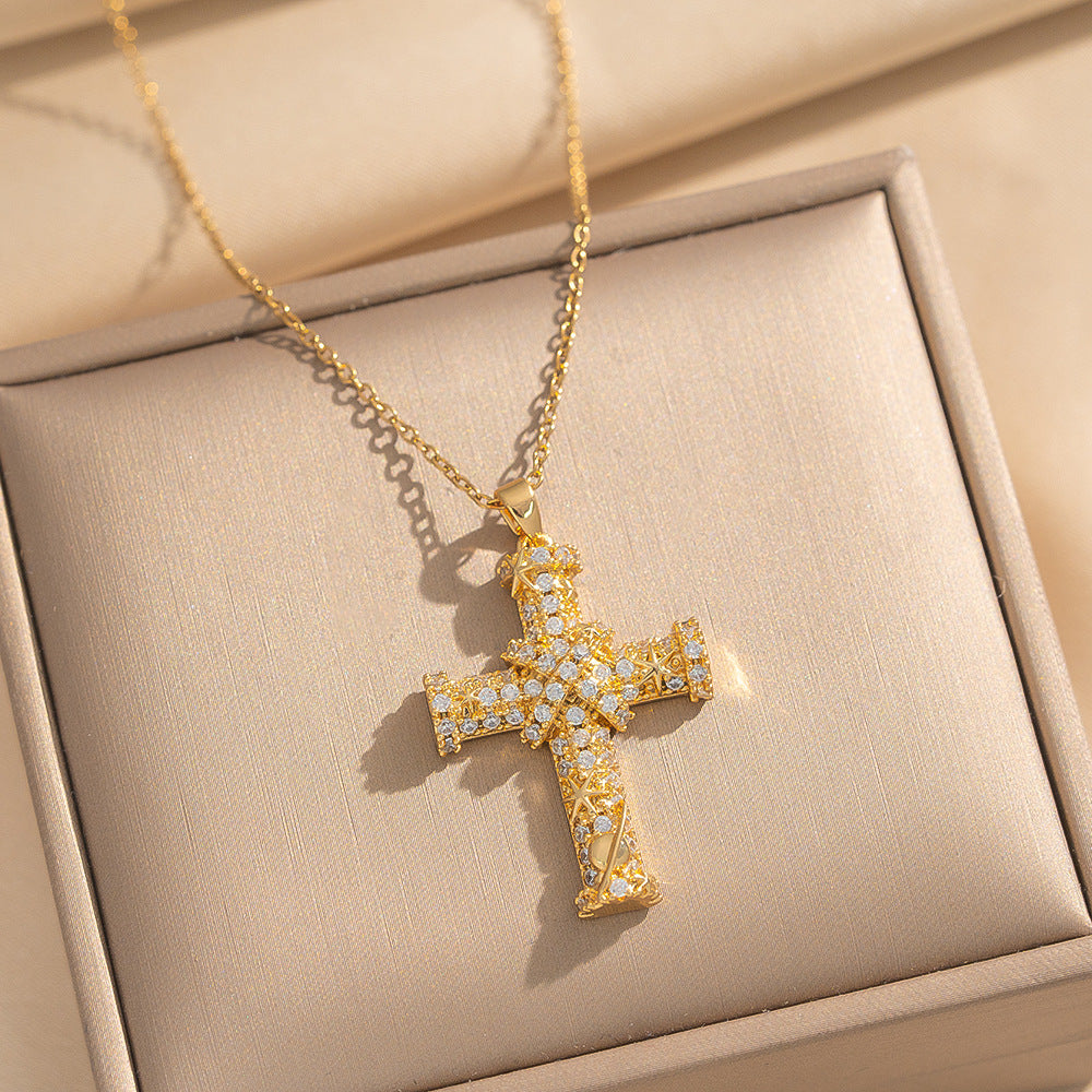 Luxury Minimalist Cross Pendant Necklace in Titanium Steel with Micro-Pave Zirconia on O-Chain for Unisex Wear