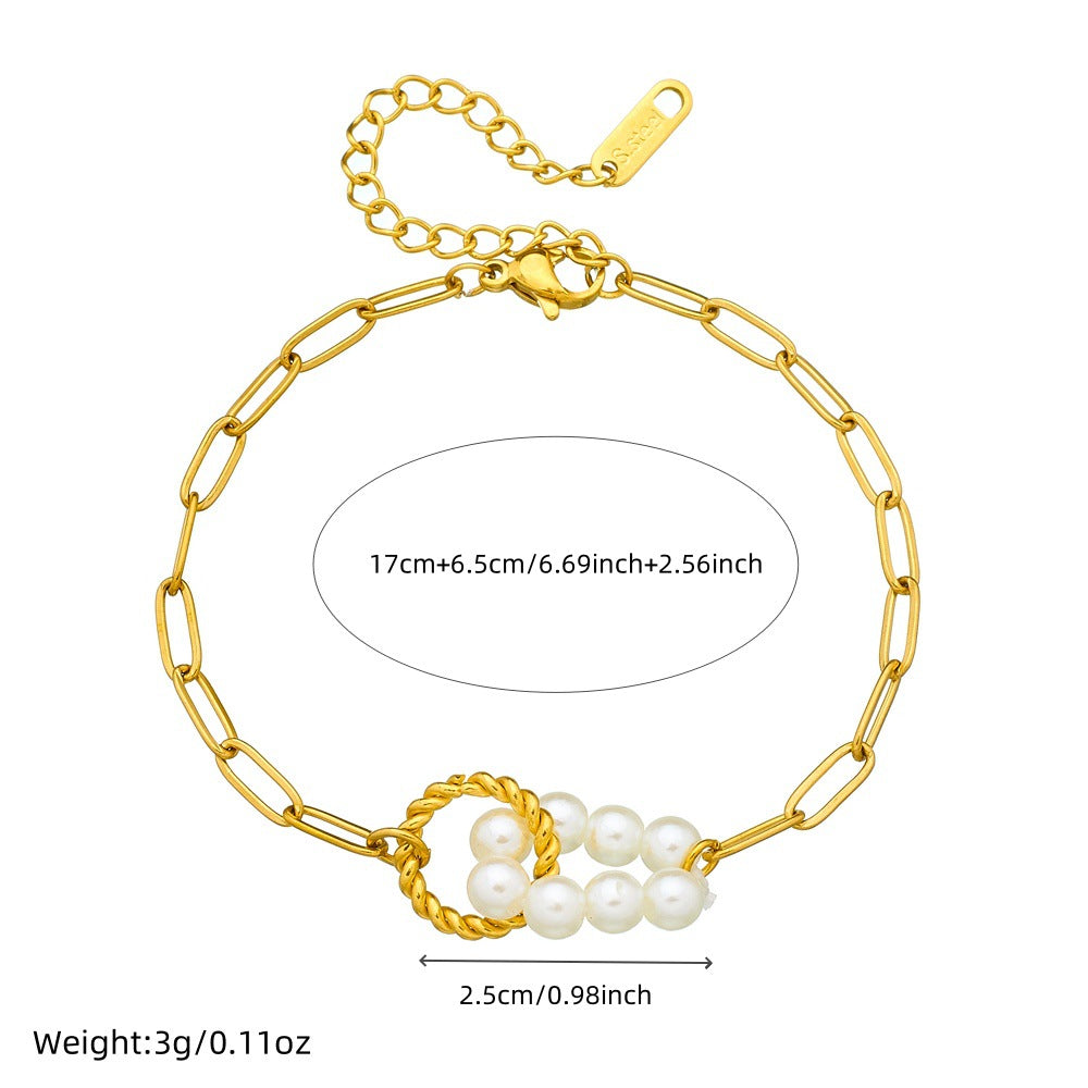 Vintage Minimalist Elegant Gold Plated Geometric Oval Round Faux Pearl Knot Bracelet