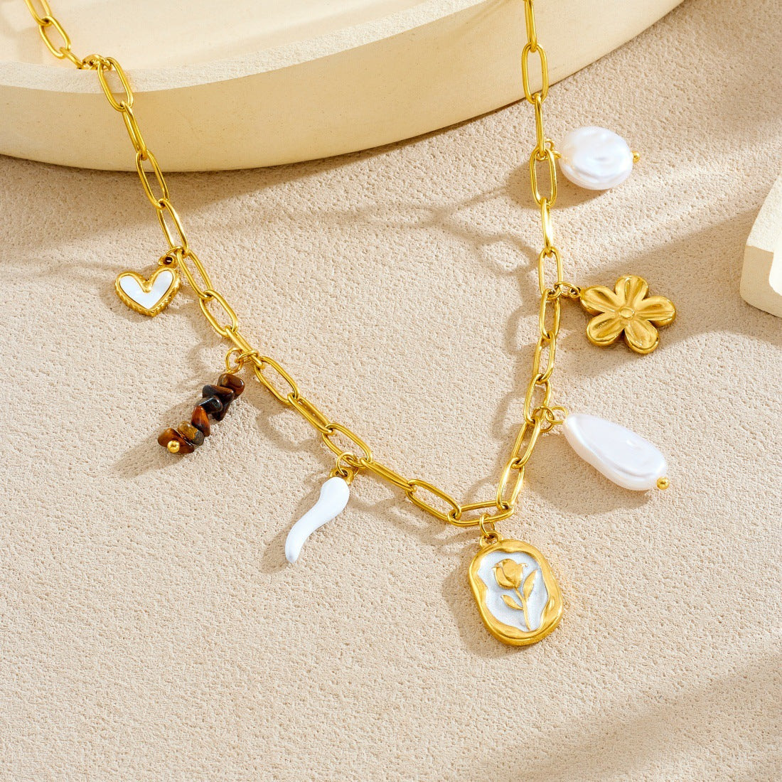Elegant Geometric Heart Flower Stainless Steel Plated Necklace and Bracelet Set with Pearl and Tiger's Eye for Women