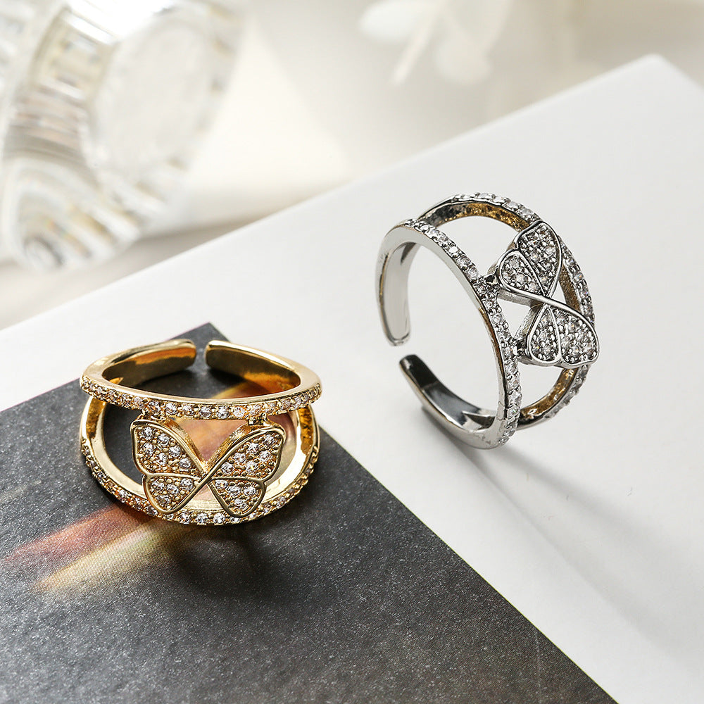 Anello a farfalla minimalista in rame placcato oro vero e zirconi micro-pavé da donna