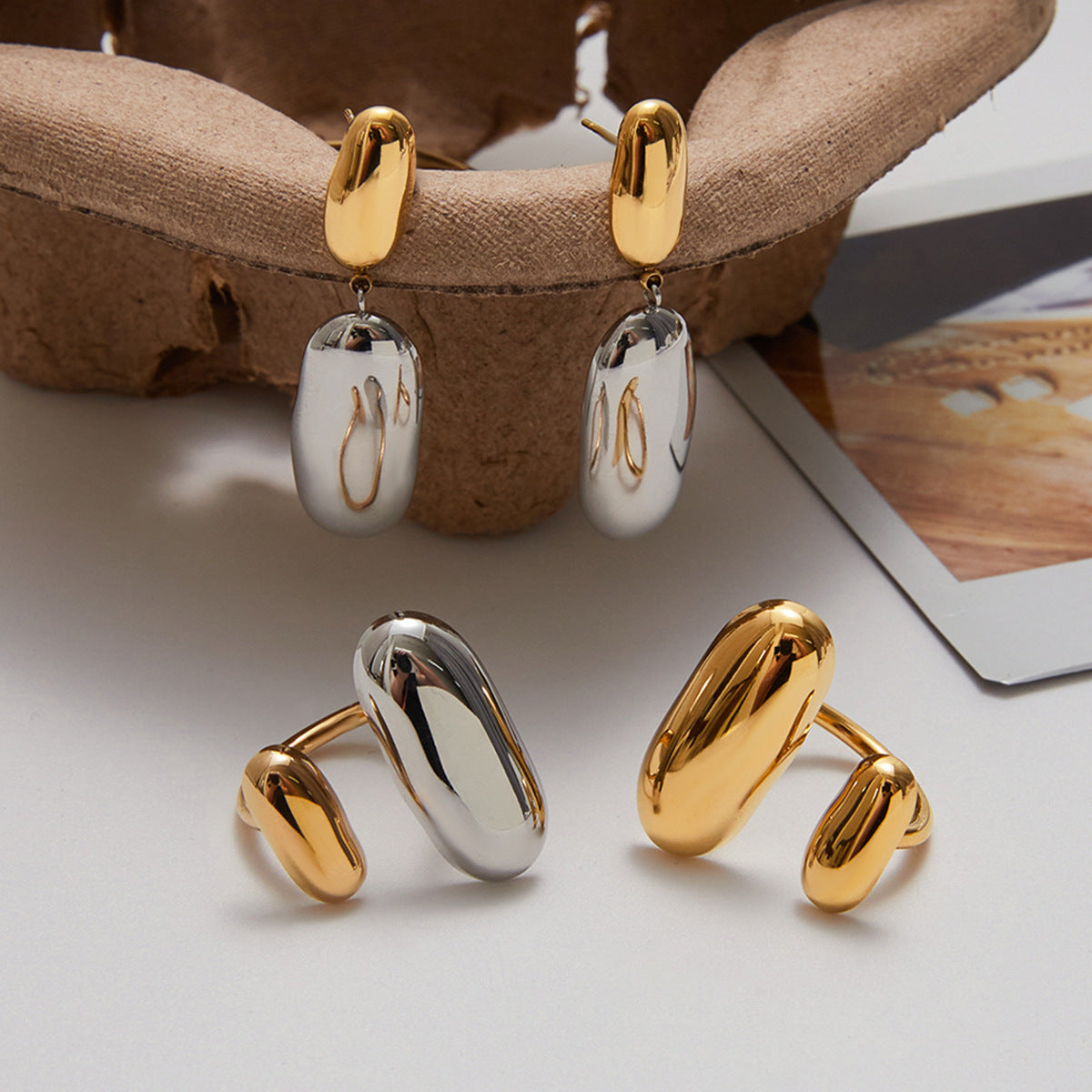 Color Block Oval Geometric Stainless Steel and Titanium Steel Plated Earring and Ring Set for Women
