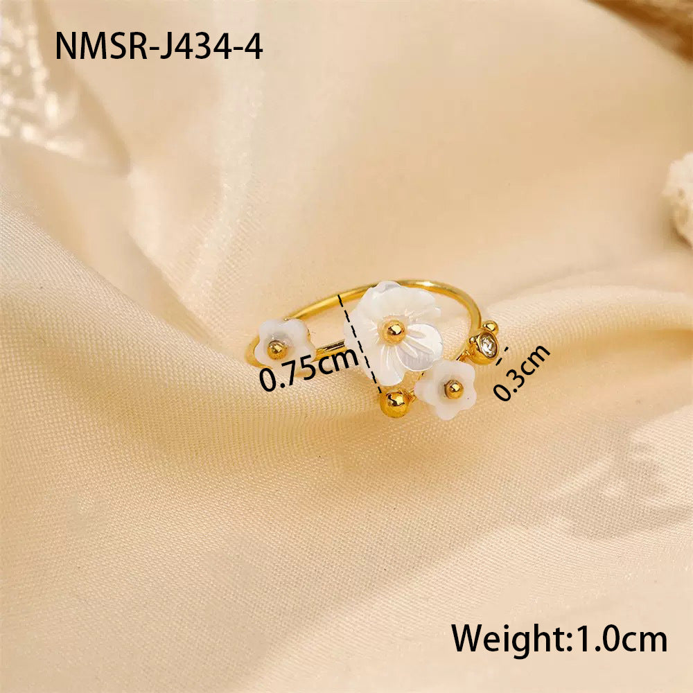 Elegante anello aperto da donna in acciaio inossidabile con perle e motivo floreale, placcato in oro 18 carati