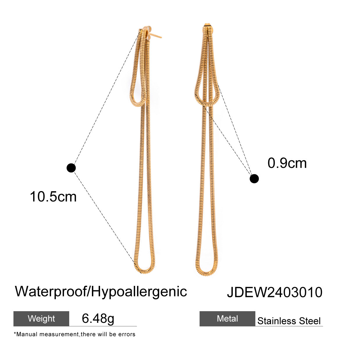 2024 Beach Style 18K Gold Plated Stainless Steel Long Snake Chain Tassel Drop Earrings for Women