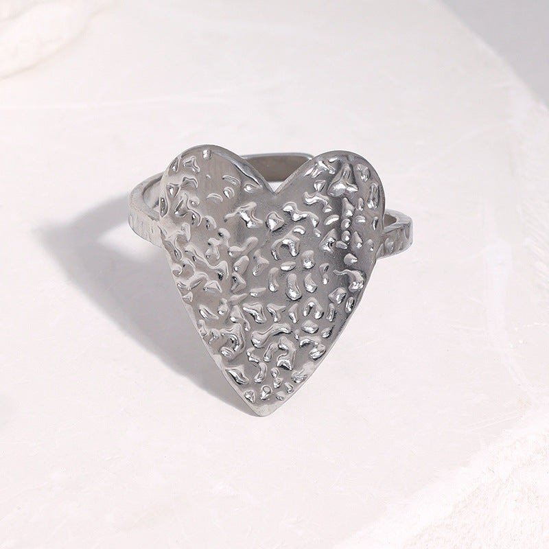 Sweet Hammered Heart Shaped Titanium Steel Ring Plated Finish