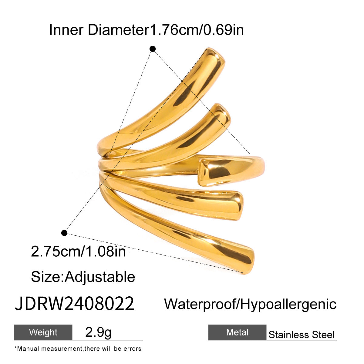 Anello aperto geometrico in acciaio inossidabile con finitura galvanizzata per uno stile minimalista moderno unisex