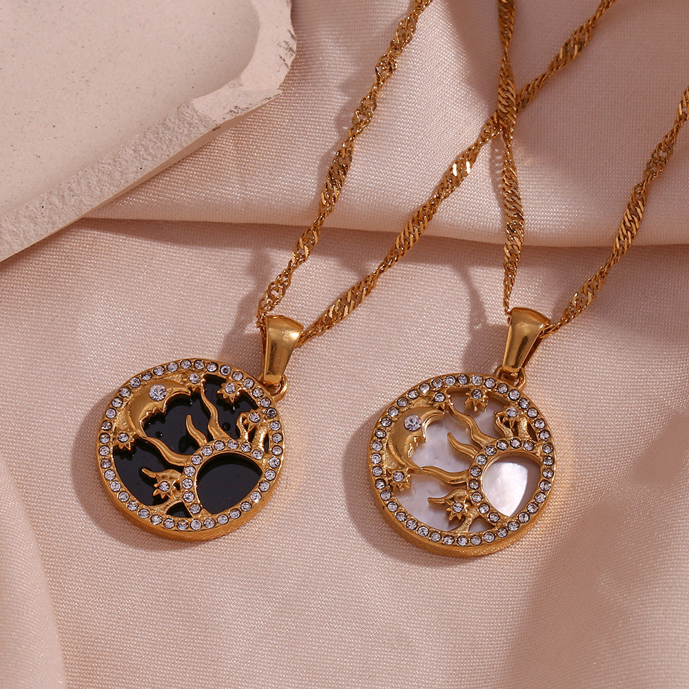 Minimalist Geometric Sun Moon Star Pendant Necklace in Stainless Steel with 18K Gold Plating for Women