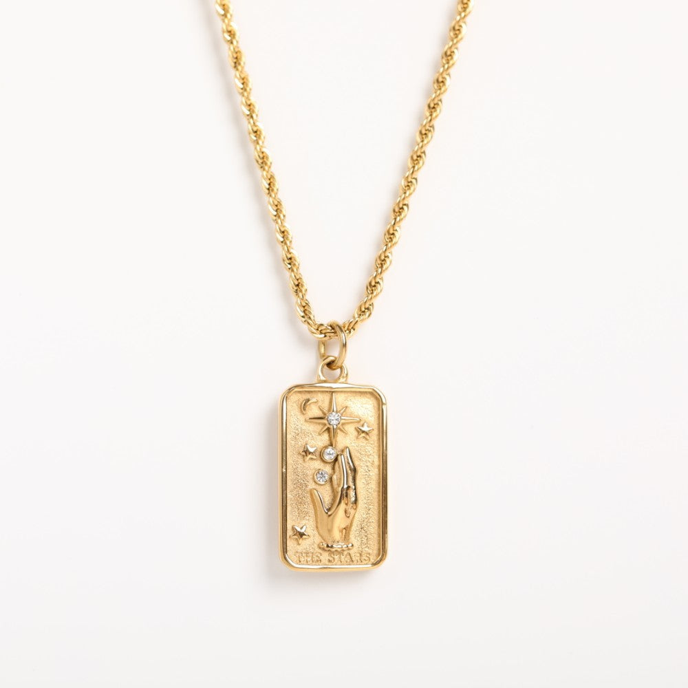 Minimalist Geometric Rectangular Sun God Floral Pendant Necklace in Titanium Steel with Rhinestone Inlay and Plated Finish