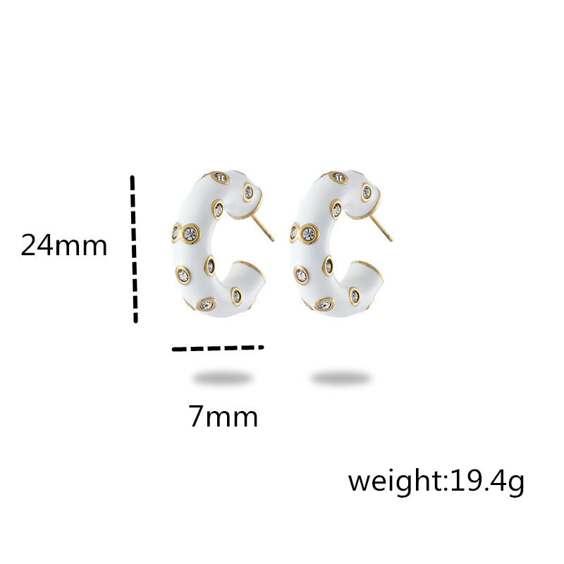 Pendientes de acero de titanio con forma de C, minimalistas y a la moda, para mujer, con acabado esmaltado e incrustaciones de diamantes de imitación
