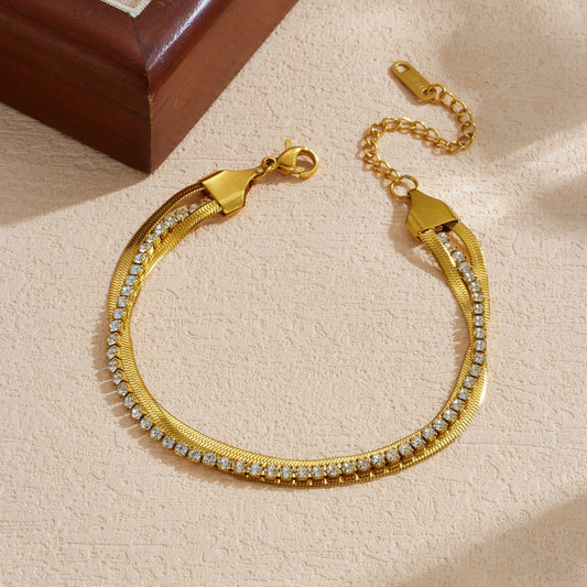 Vintage Minimalist Gold Plated Rhinestone Stainless Steel Cable Chain Bracelet for Women
