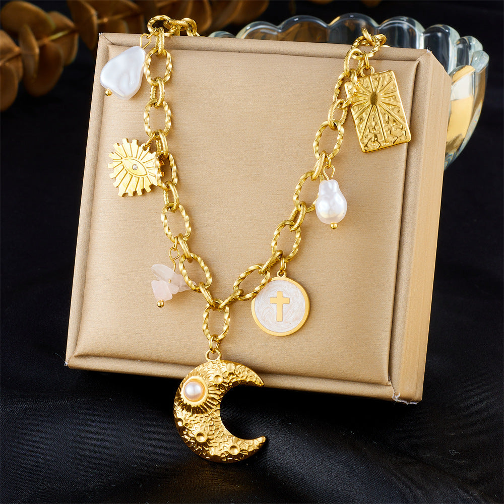 Elegant Stainless Steel Drip Oil Moon Sun Flower Pendant Necklace with Cable Chain for Women