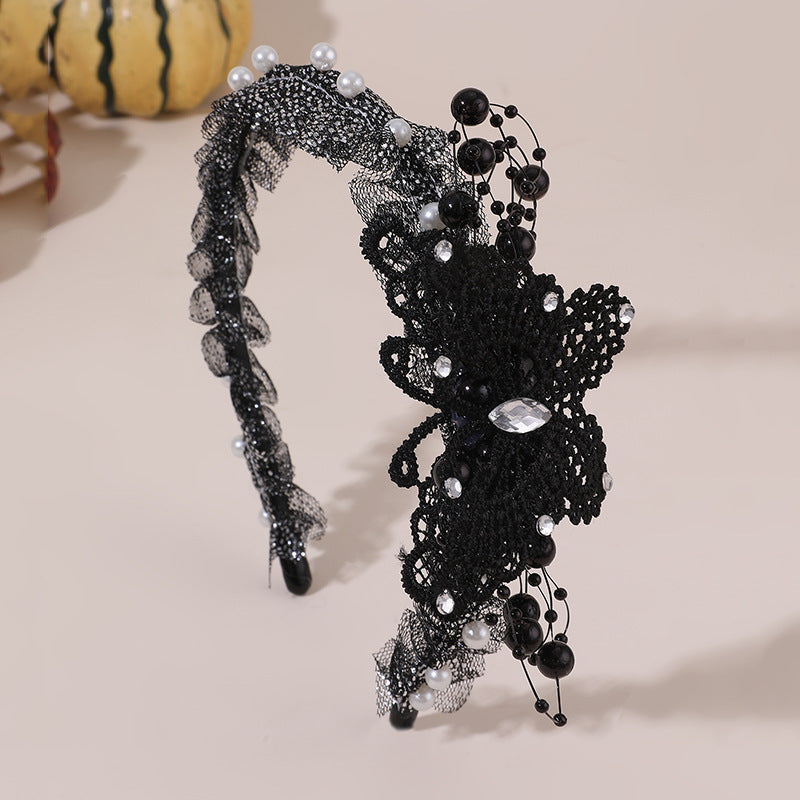 Cerchietto con Fiocco in Pizzo Nero per Halloween con Perle e Strass per Bambine dai 6 ai 10 Anni