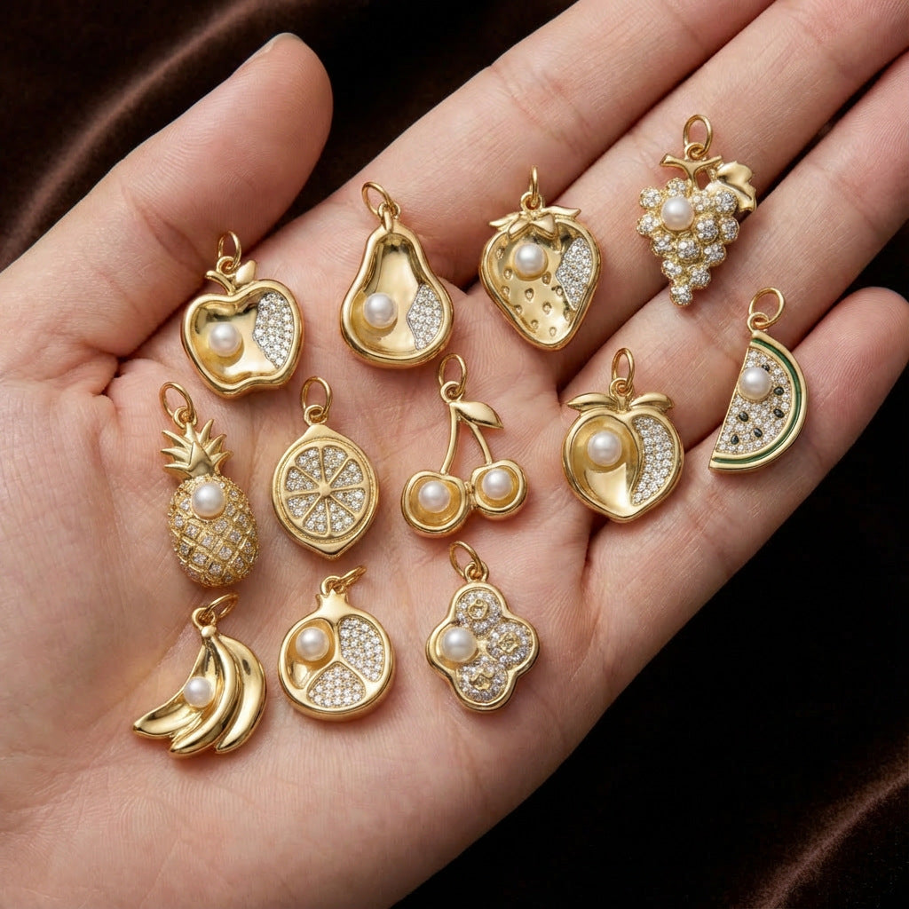 Vintage 14K Gold Plated Geometric Fruit Drip Oil Cubic Zirconia Brass Charm Bar