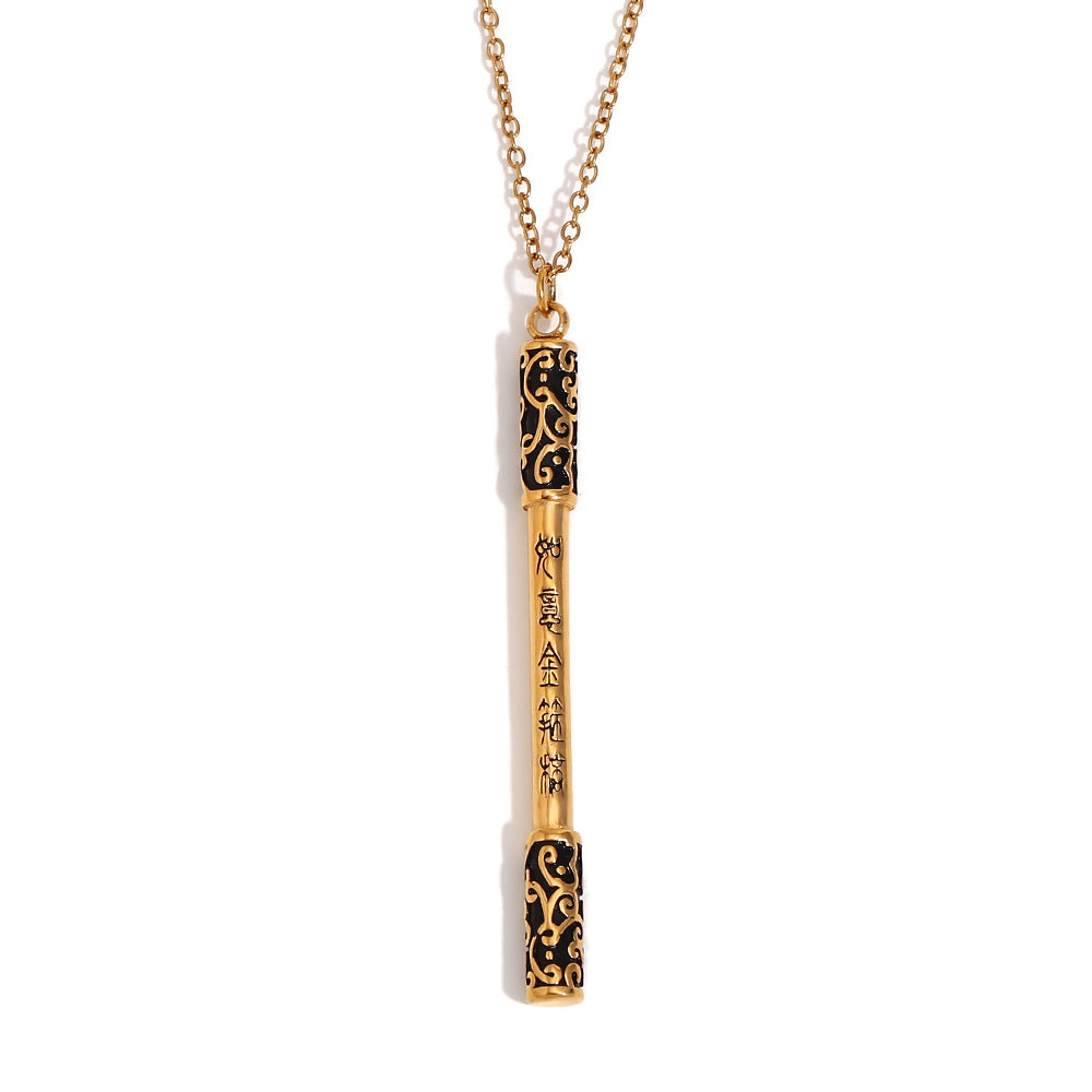 Minimalist Cartoon Character Black Wukong Golden Hoop Staff Pendant Necklace in Stainless Steel with 18K Gold Plating