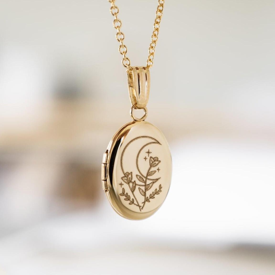 Vintage Oval Sun Moon Evil Eye Opening Photo Locket Necklace for Pets on Copper Snake Chain with Geometric Design