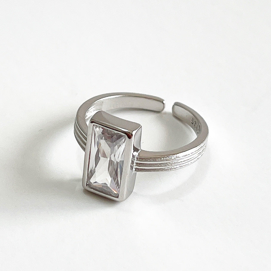 925 Sterling Silver Ring with Rhinestone Inlay, Geometric Design, Women's Fashion Jewelry, Luxury Style, Minimalist Aesthetic