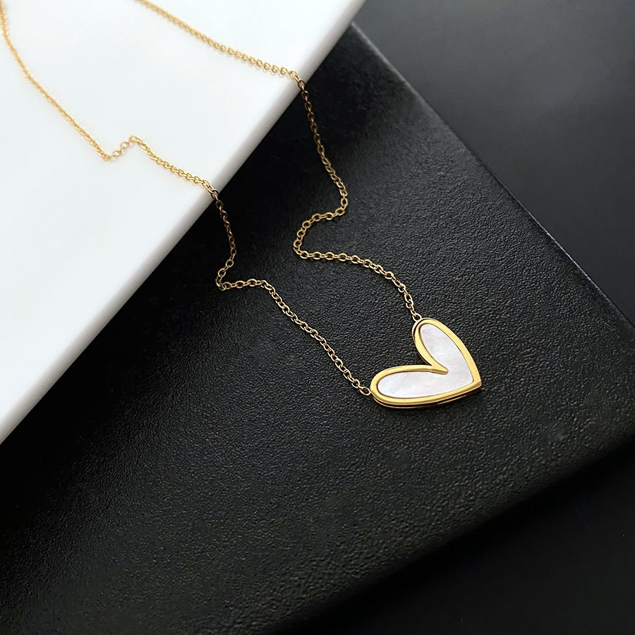 Minimalist Heart-Shaped Mother-of-Pearl Pendant Necklace for Women in Titanium Steel with O-Chain and Geometric Design