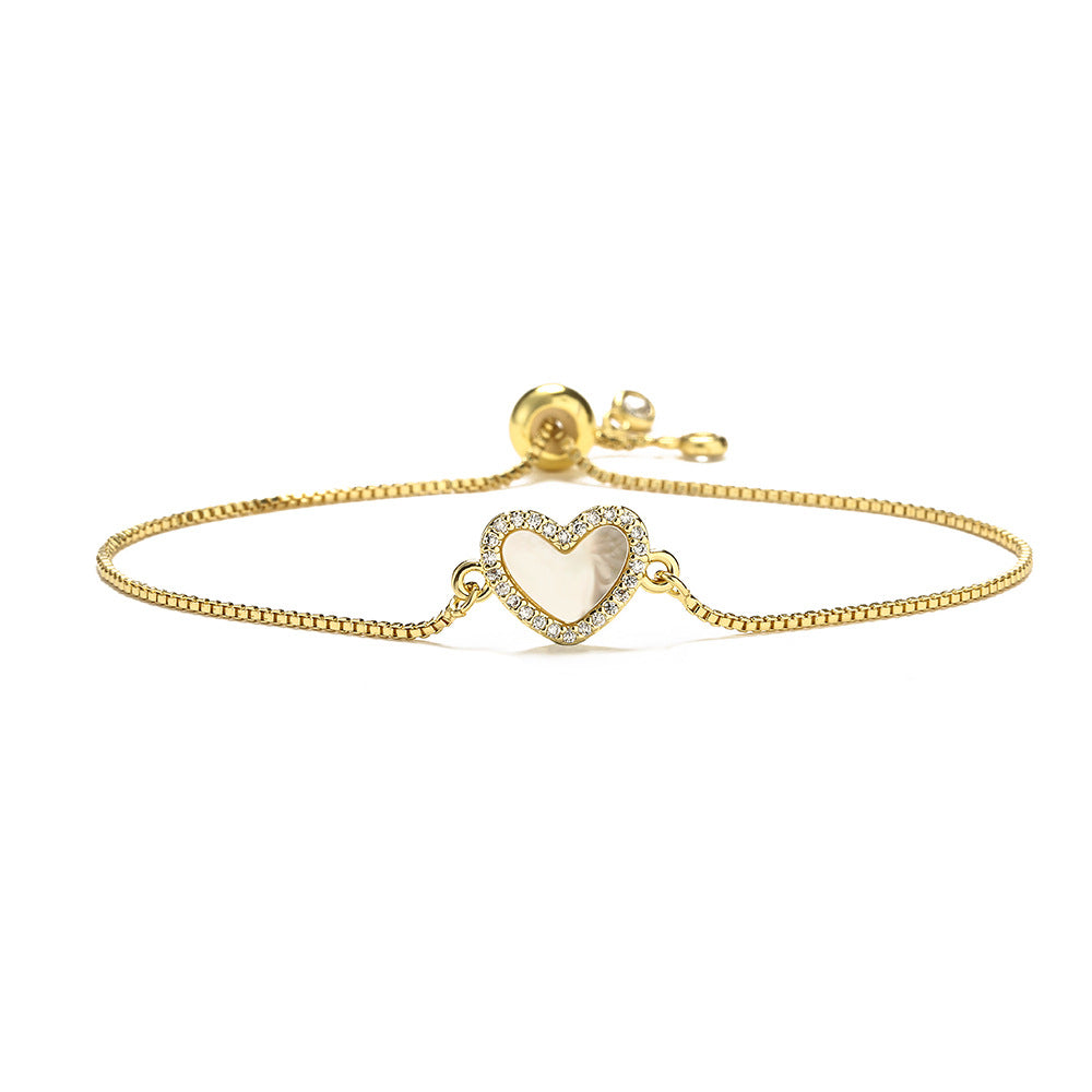Bracciale da donna minimalista con cuore placcato oro, in rame, regolabile con cordino e zirconia micro-pavé
