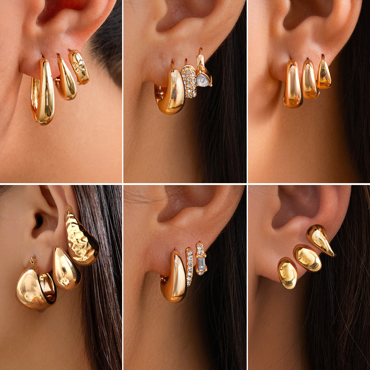 Pendientes geométricos minimalistas en forma de U para mujer con incrustaciones de diamantes de imitación y acabado de metal galvanizado
