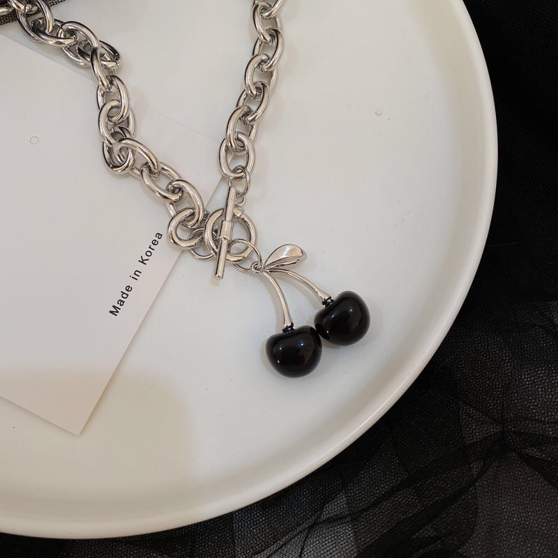 Minimalist Cherry-Shaped Titanium Steel Choker Necklace with Black Plating for Women and Men