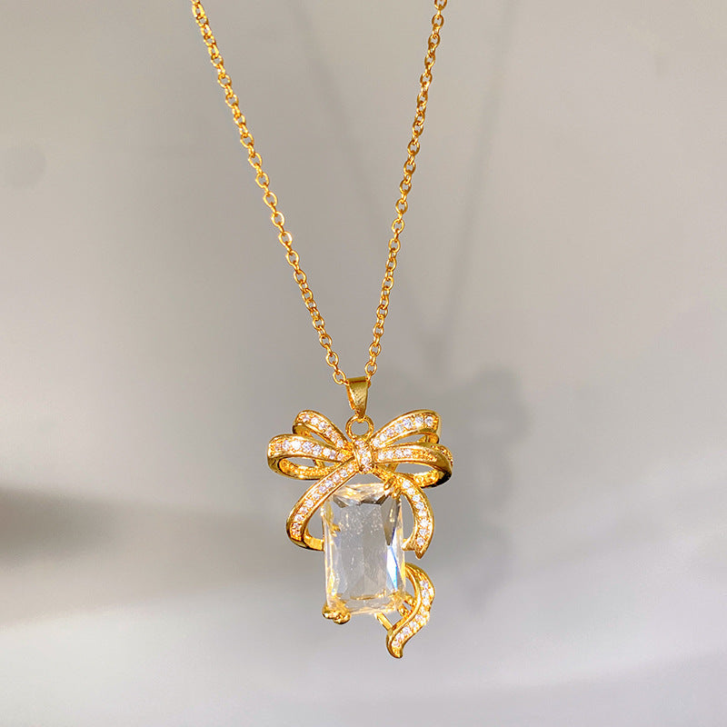 Sweet Heart Rhinestone & Cubic Zirconia Plated Titanium Steel Necklace with Brass Pendant on Cable Chain