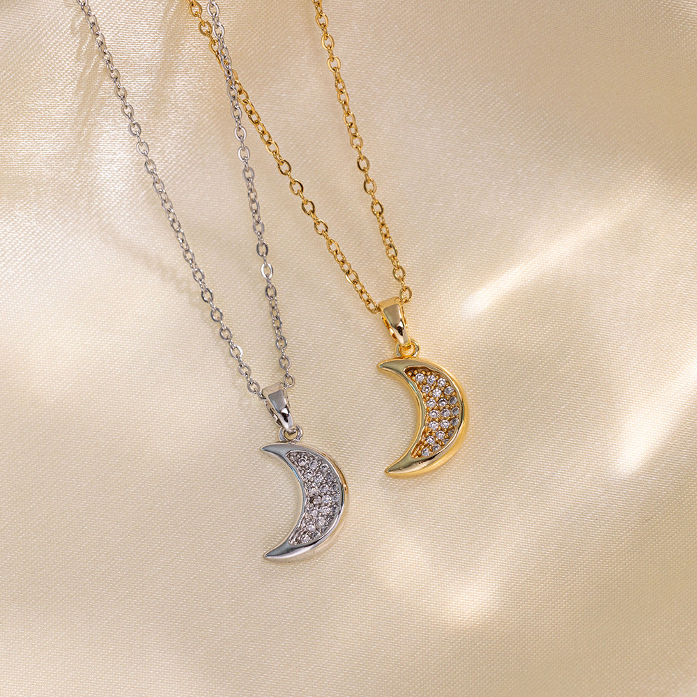 Minimalist Geometric Moon and Star Pendant Necklace in Titanium Steel with Rhinestone Inlay and 18K Gold Plated Snake Chain