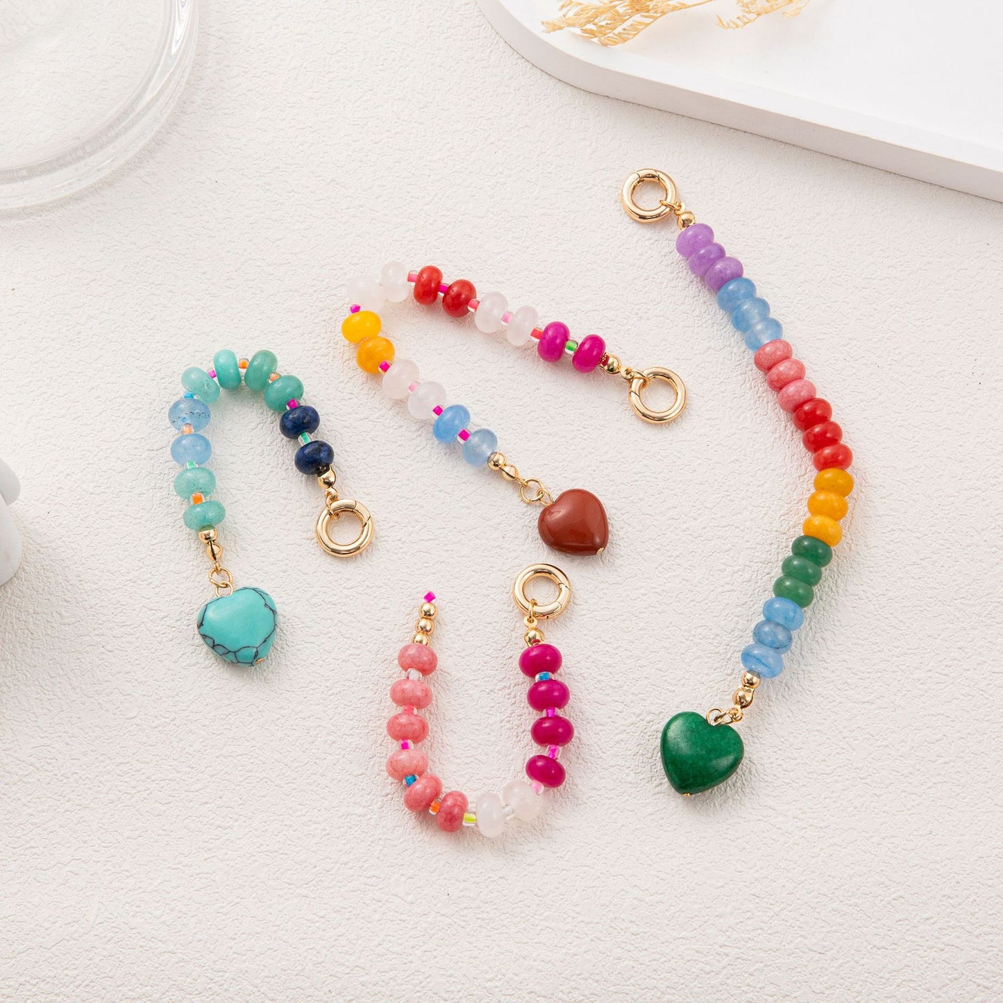 Sweet Heart Geometric Titanium Steel Plated Bag Charm Bar with Colorful Beads and Keychain