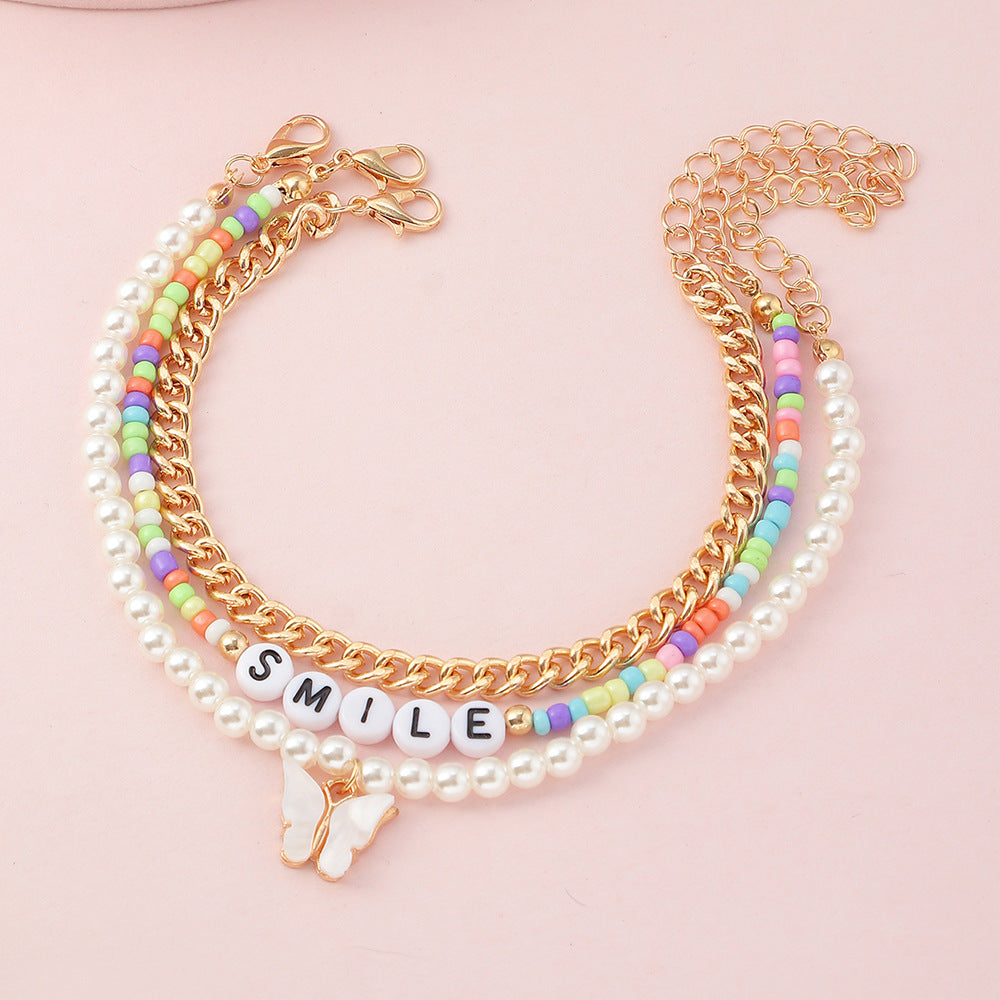 Juego de tobilleras de cristal con forma de mariposa para niños con letras y perlas, tobilleras para estudiantes con temática de playa en paquete de 3 unidades