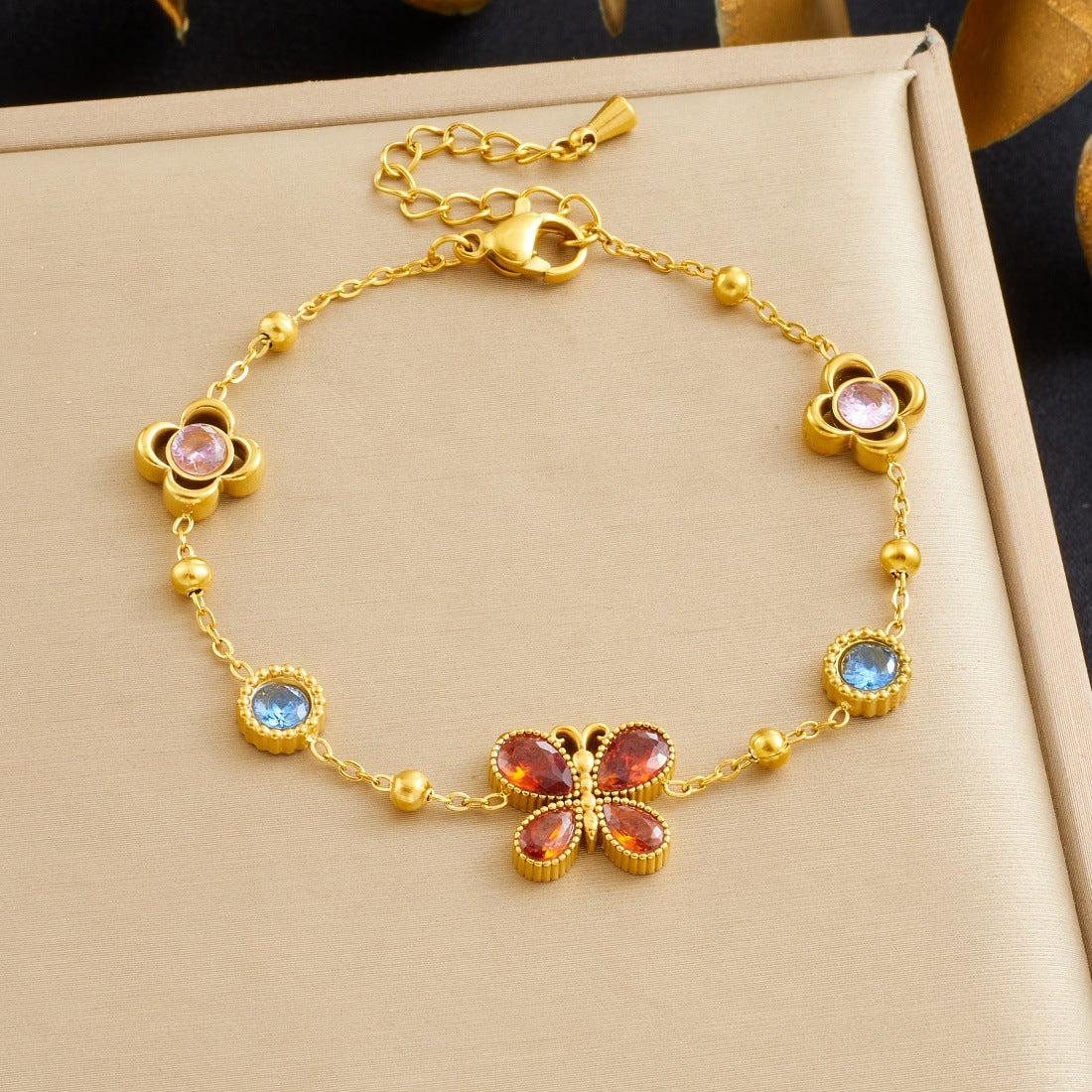 Gold Plated Stainless Steel Butterfly Flower Round Rhinestone Bracelet for Women