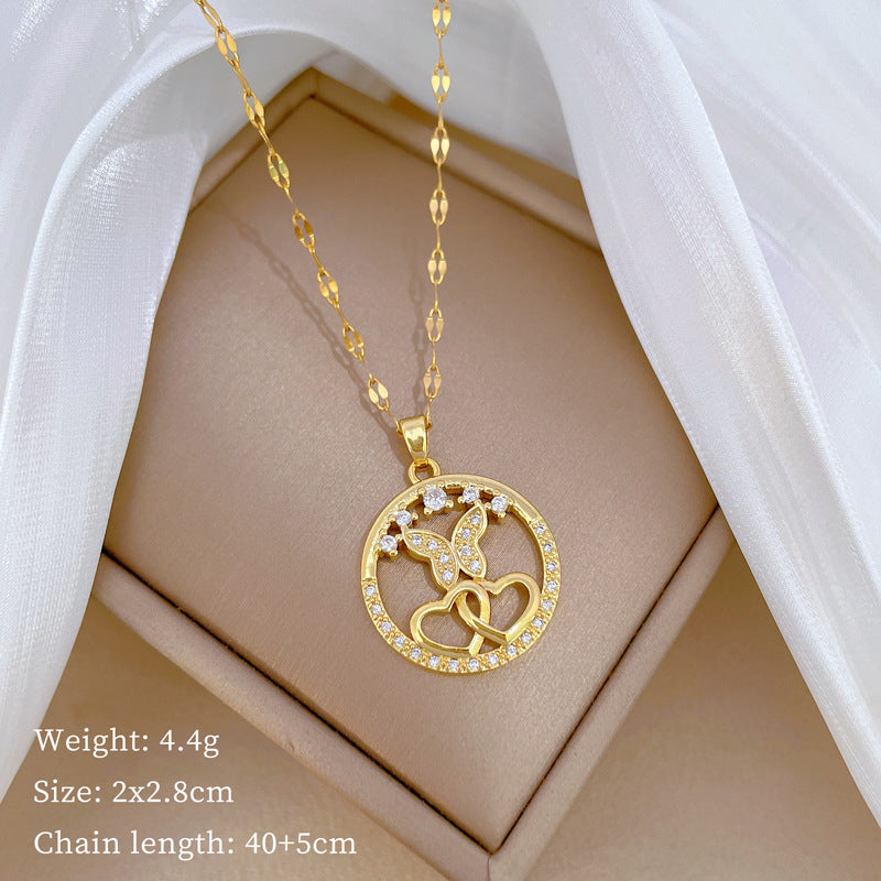 Elegant Butterfly and Heart Shaped Titanium Steel Necklace with Rhinestone Inlay for Women, Minimalist Geometric Locket Chain