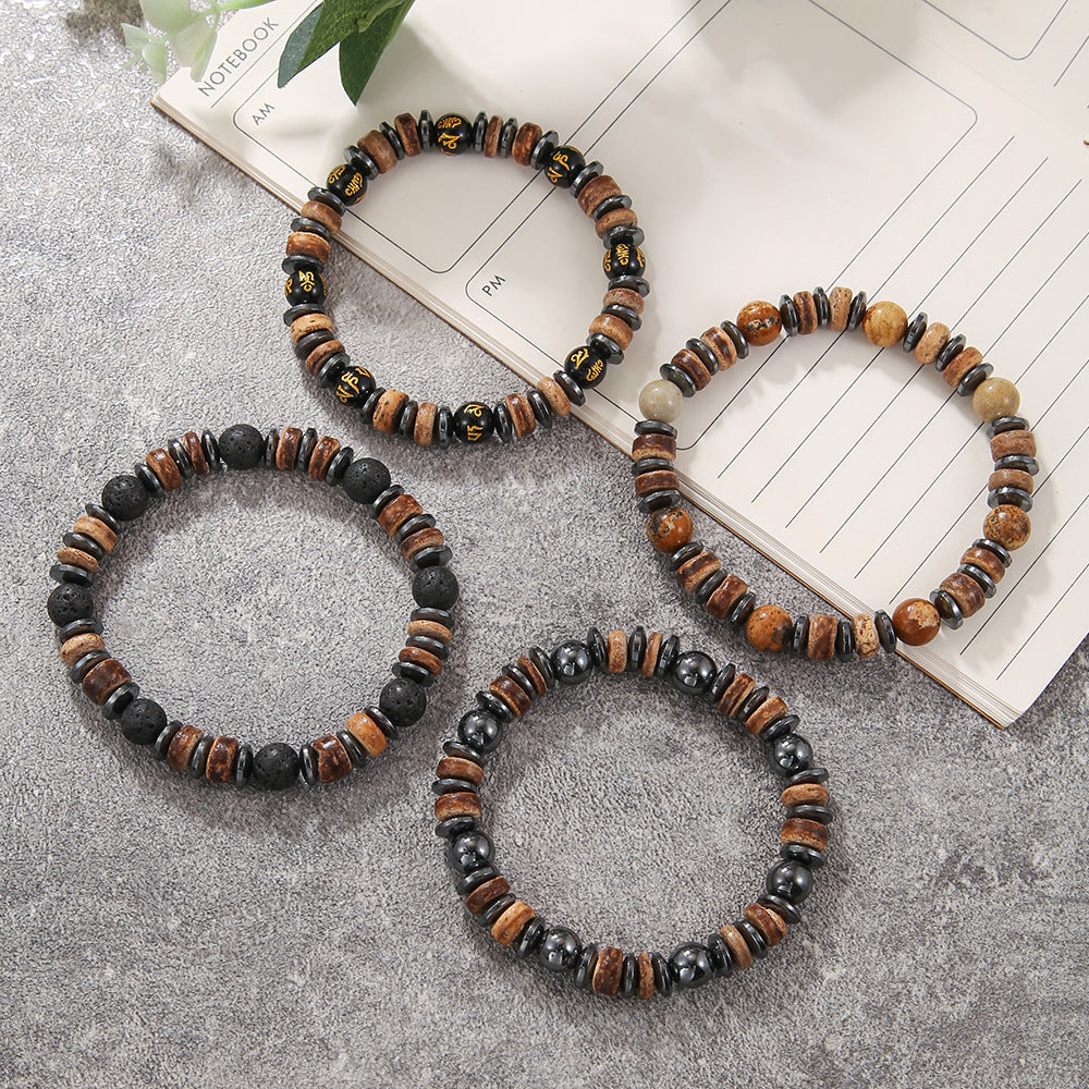 Vintage Minimalist Round Wood and Gemstone Bracelet