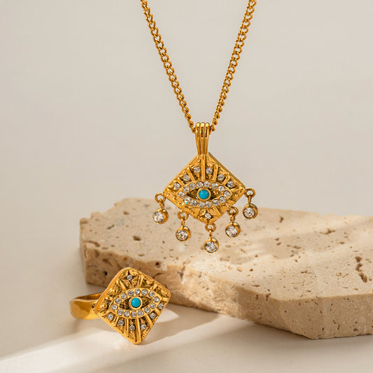 Anillo con colgante cuadrado geométrico de ojo turco de estilo INS en acero inoxidable con chapado en oro de 18 quilates e incrustaciones de circonita