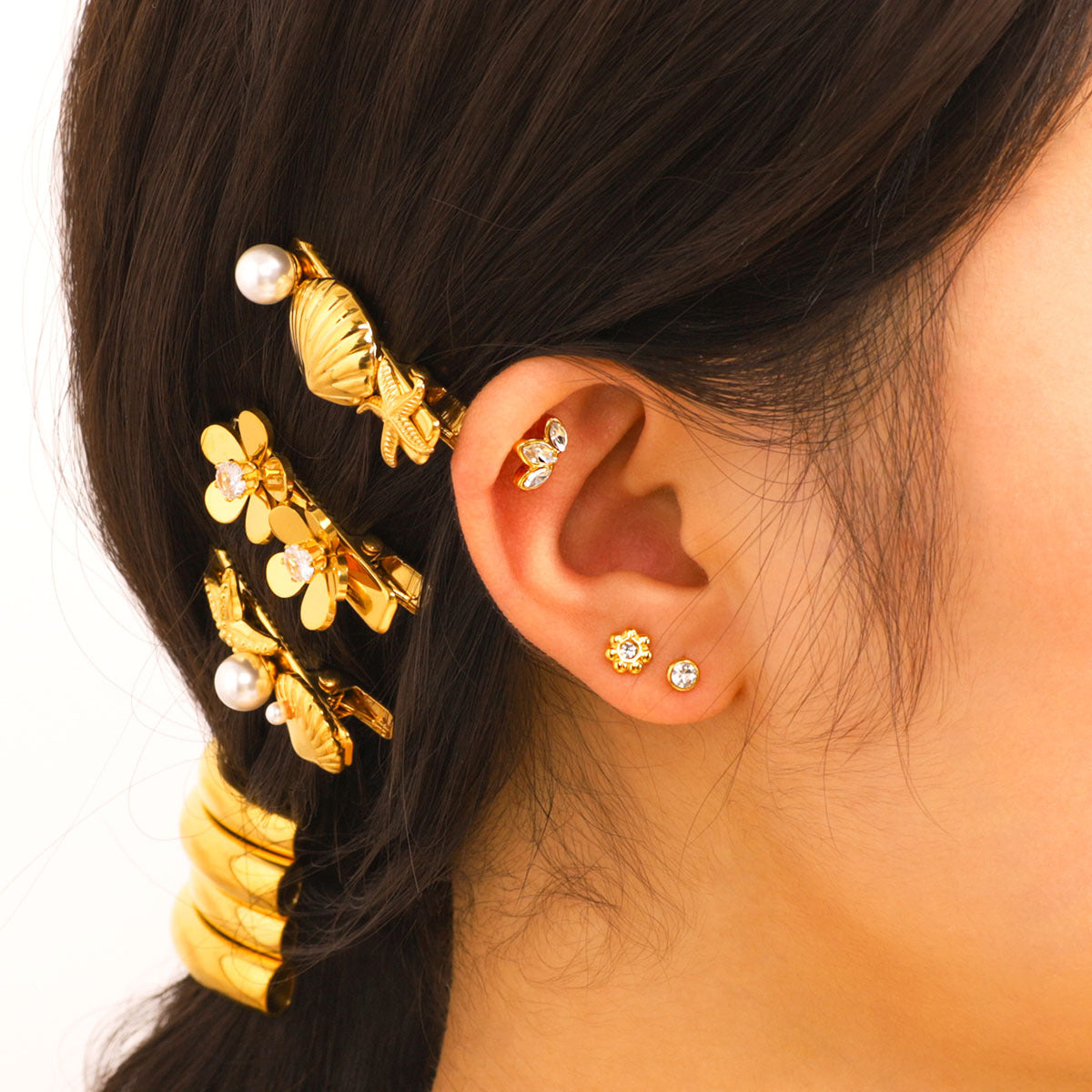 Floral Crown Shaped Zircon Stainless Steel Ear Cuff for Women with Vacuum Plated 18K Gold Finish