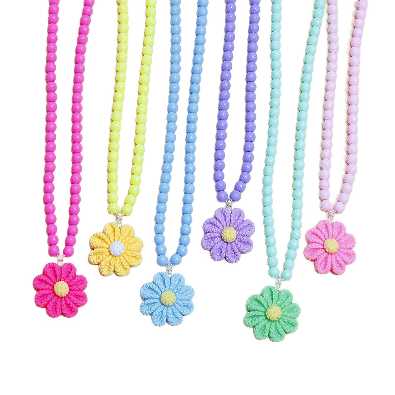 Collana in resina floreale a cartone animato per bambini con ciondolo a fiore perlato su catena di perline rotonde, gioielli artigianali per bambini, regalo