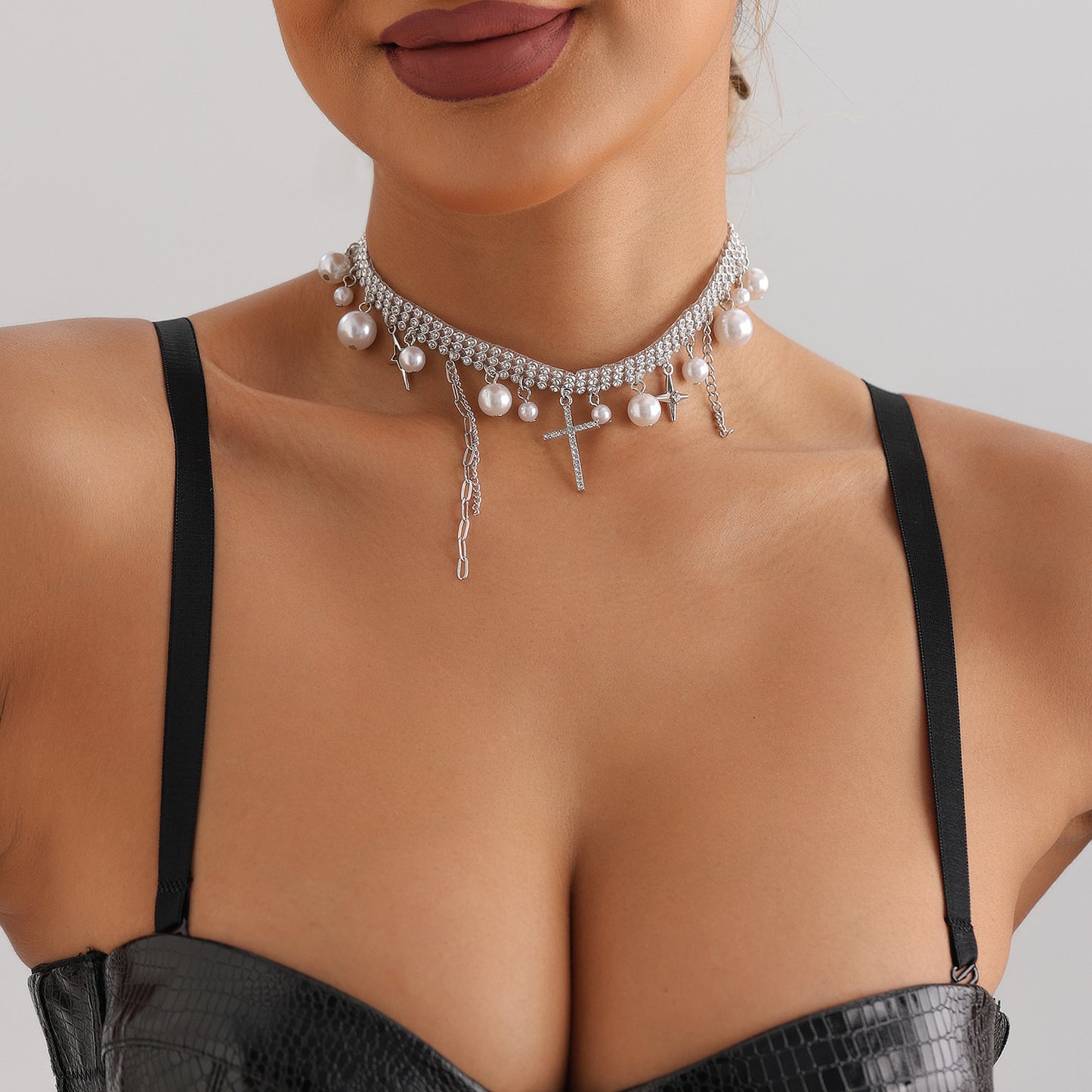 Minimalist Geometric Cross Pendant Necklace with Rhinestone Accents and Plated Metal Chain for Women