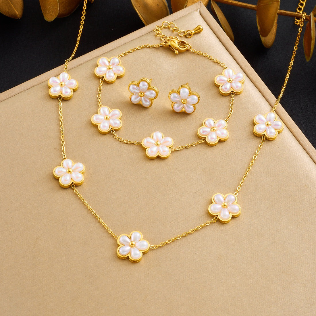 French Vintage Minimalist Laser Iridescent Petal Gold Plated Stainless Steel Flower Jewelry Set