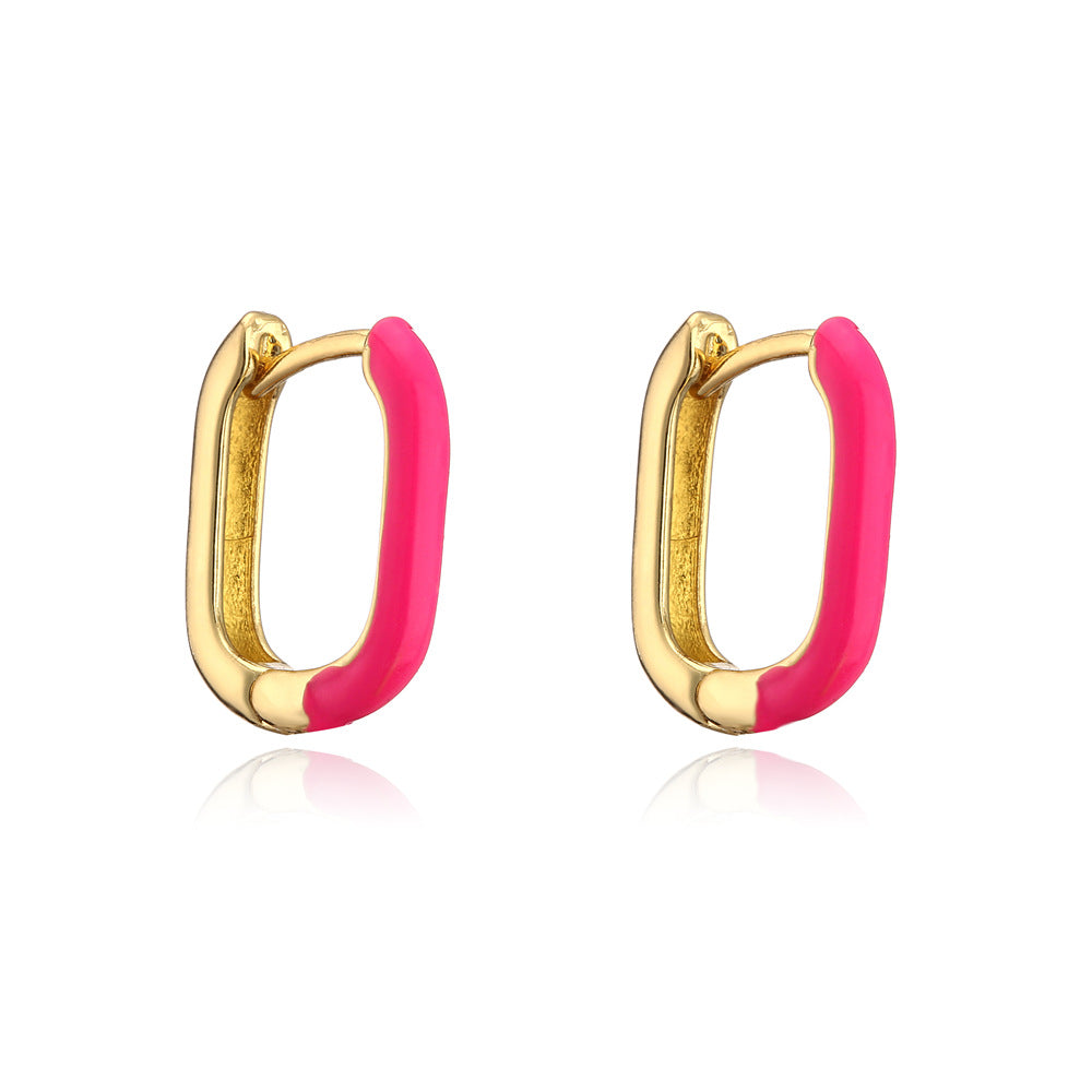 Fashion Colorful Drip Oil Square Geometric Brass 18K Gold Plated Earrings