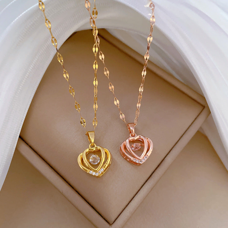 Collana a doppio strato di lusso a forma di cuore in acciaio al titanio da donna con intarsi di strass e delicato design a clavicola