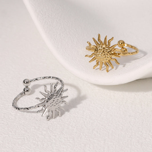 Anello aperto minimalista da donna in acciaio inossidabile a forma di sole con finitura galvanica