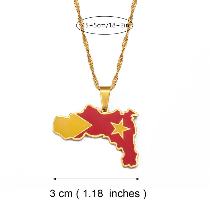 Minimalist Geometric Ethiopian Tigray Region Map Pendant Necklace for Women in Stainless Steel with Plated Titanium Steel and O-Chain