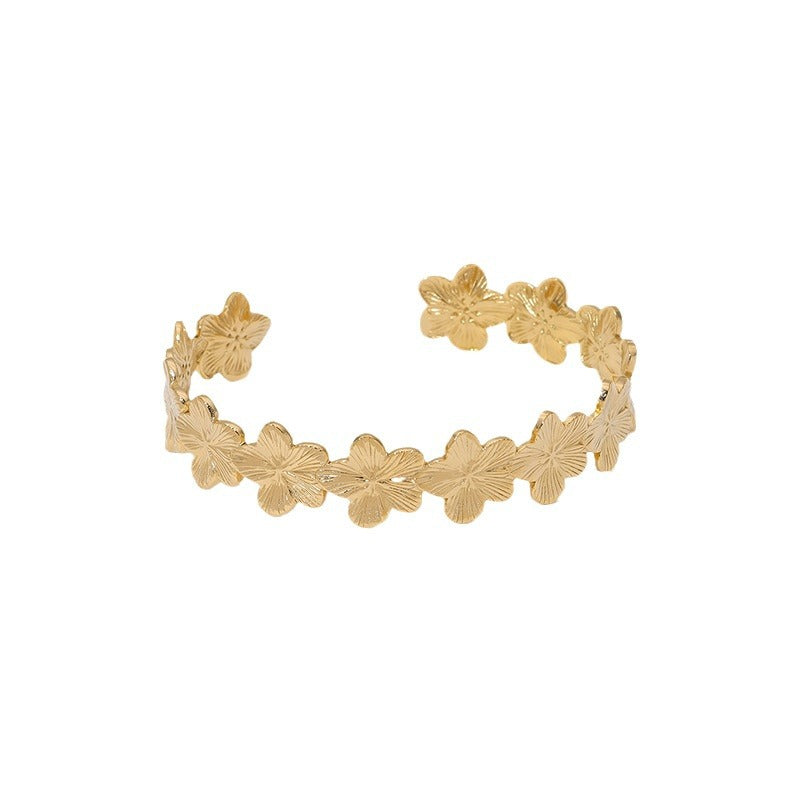 Bracciale Minimalista in Acciaio al Titanio con Fiori per Donna, Placcatura in Oro 18K e Design con Apertura Regolabile