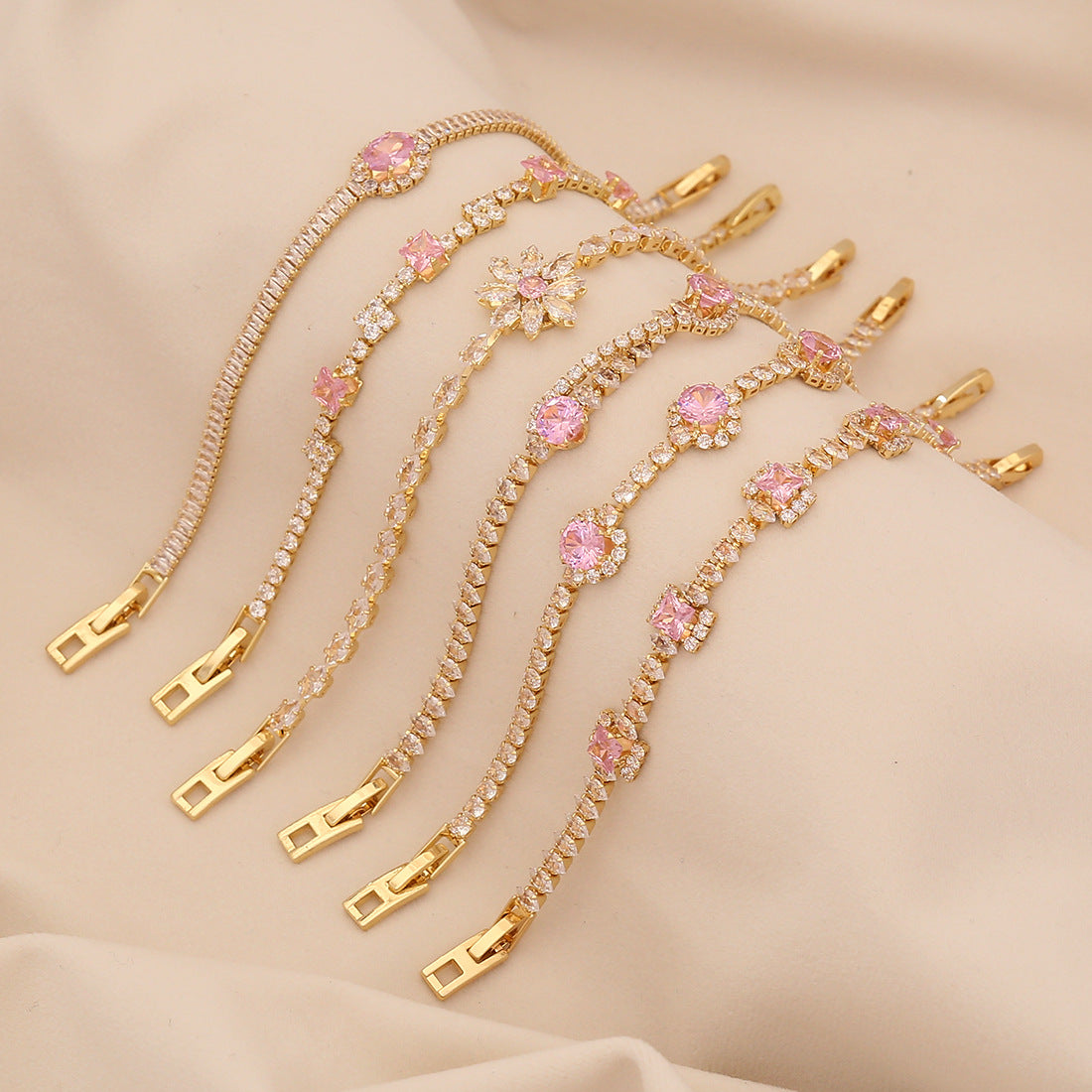 Cute Floral Design Plated Copper Bracelet for Women with Zirconia Stones Minimalist Elegant Hand Jewelry