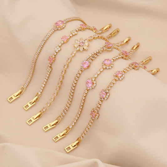 Cute Floral Design Plated Copper Bracelet for Women with Zirconia Stones Minimalist Elegant Hand Jewelry